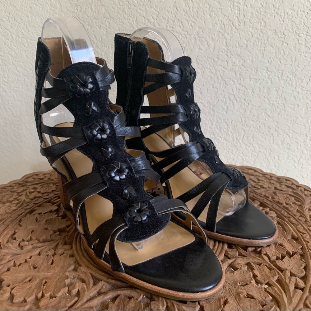 Jack Rogers Black Hadley Caged Leather Sandals Block Heel Open Toe Womens Size 8